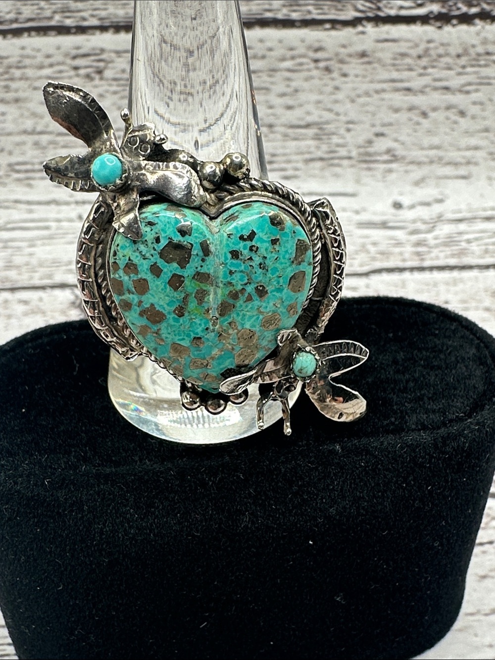 Turquoise Heart Butterfly Accent Sterling Silver Ring - Picture 2 of 9